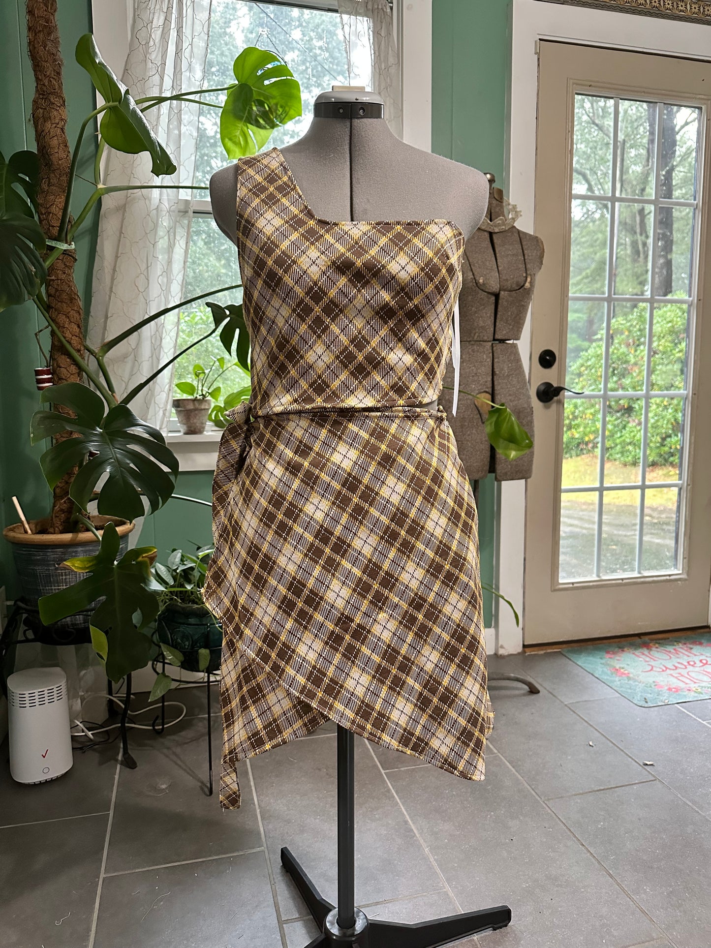 Plaid set: one shoulder shirt & wrap skirt